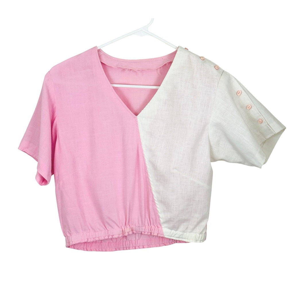 Handmade Pink & White Colorblock Button Detail Crop Top Cottagecore Coquette